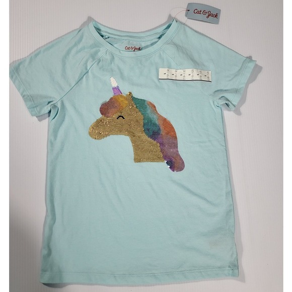 Cat & Jack Girls' Sequin Unicorn Shirt Short Sleeve Top Blue Size L - Picture 5 of 6
